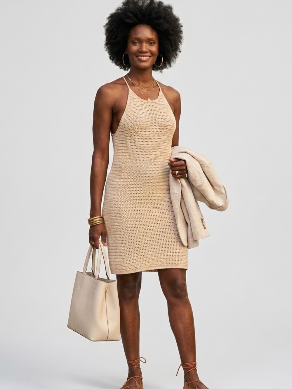 NWT Banana Republic Crochet Halter Mini Dress Sz XL Pale Khaki Neutral Knit Boho